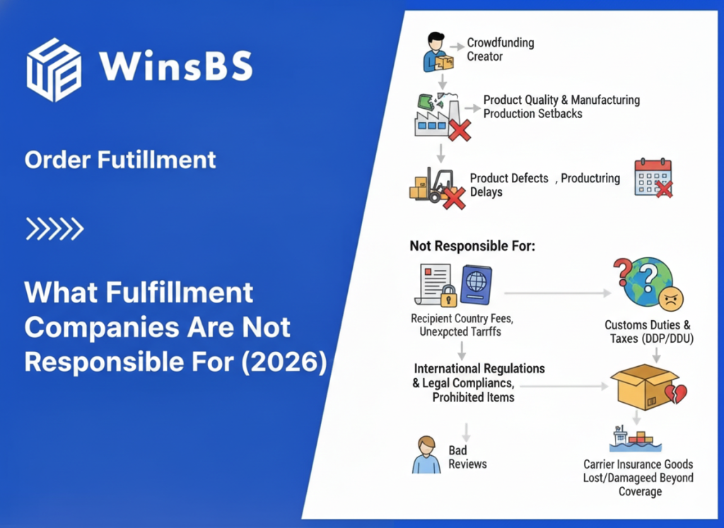 Crowdfunding fulfillment responsibility chart beside WinsBS logo and title, illustrating what 3PL order fulfillment companies are not responsible for, including production delays, customs duties, international regulations, and post-delivery reviews.