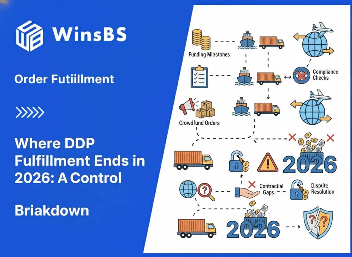 Cross-border logistics and crowdfunding fulfillment infographic beside WinsBS logo and title, showing ships, cargo planes, trucks, and global delivery icons illustrating where DDP fulfillment control ends in 2026 and the order fulfillment process.