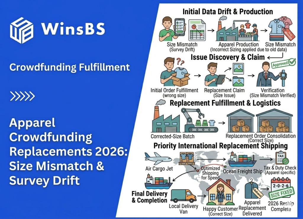 Flowchart of apparel crowdfunding replacement process beside WinsBS logo and title, illustrating size mismatch resolution, re-production, and international order fulfillment and 3PL fulfillment services in 2026.