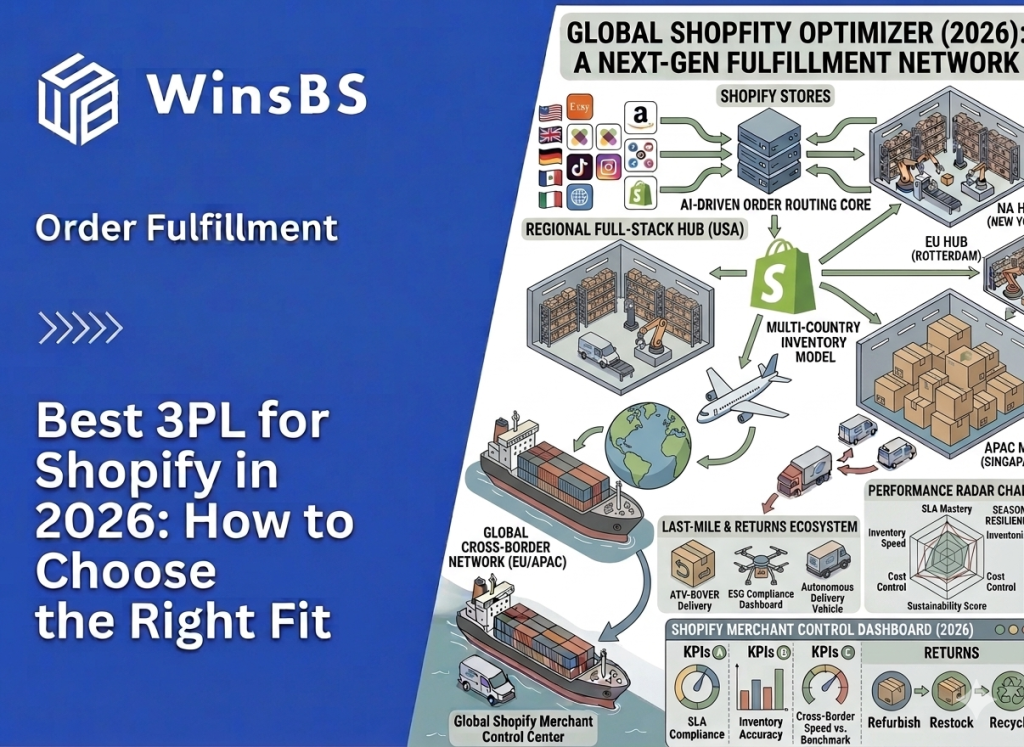 太长了 WinsBS infographic “Best 3PL for Shopify in 2026.” Isometric Shopify ecosystem with multi-country inventory, global warehouses, cross-border logistics, and KPI dashboard.