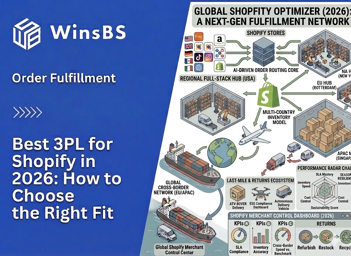 太长了 WinsBS infographic “Best 3PL for Shopify in 2026.” Isometric Shopify ecosystem with multi-country inventory, global warehouses, cross-border logistics, and KPI dashboard.