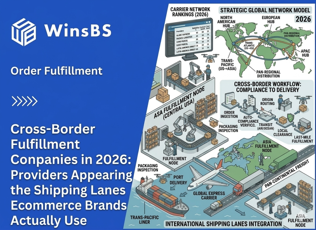 Global logistics infographic beside WinsBS logo and title, showing cross-border order fulfillment networks with warehouses, shipping lanes, cargo ships, aircraft, and trucks representing international 3PL fulfillment services.