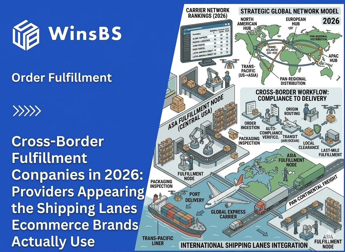 Global logistics infographic beside WinsBS logo and title, showing cross-border order fulfillment networks with warehouses, shipping lanes, cargo ships, aircraft, and trucks representing international 3PL fulfillment services.