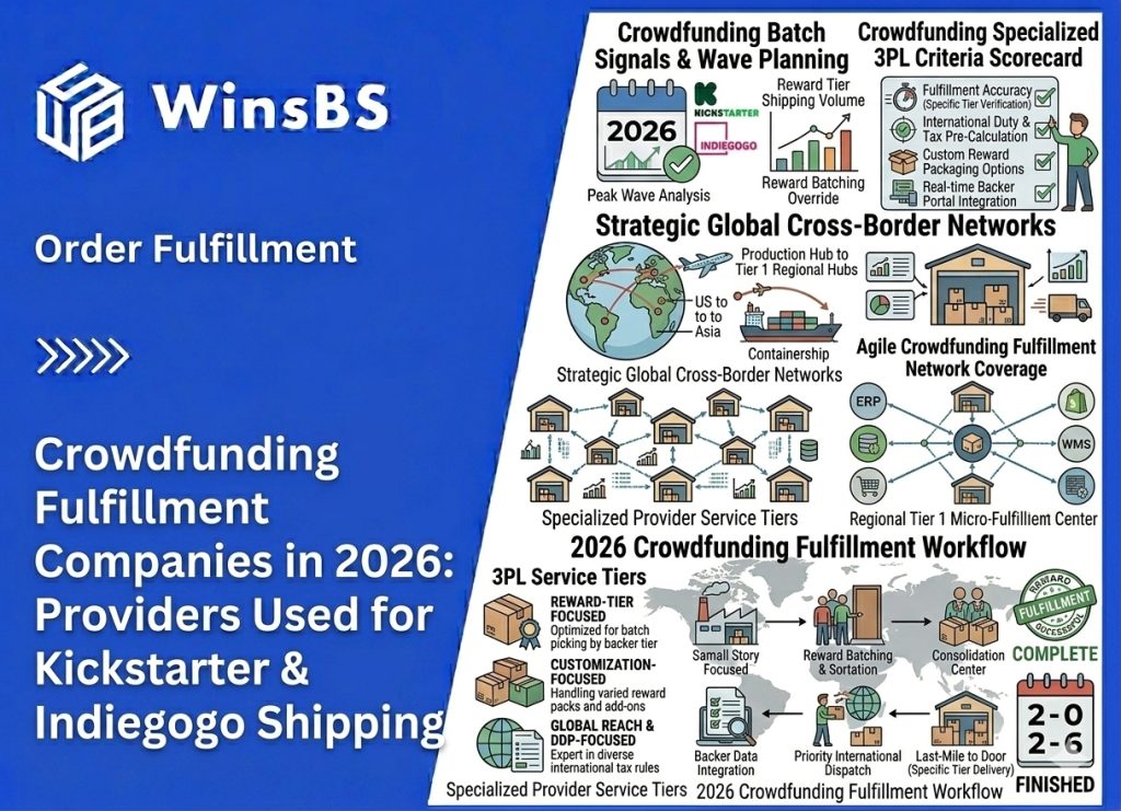Crowdfunding fulfillment infographic beside WinsBS logo and title, illustrating Kickstarter and Indiegogo shipping workflow, specialized 3PL order fulfillment, and global cross-border fulfillment solutions.