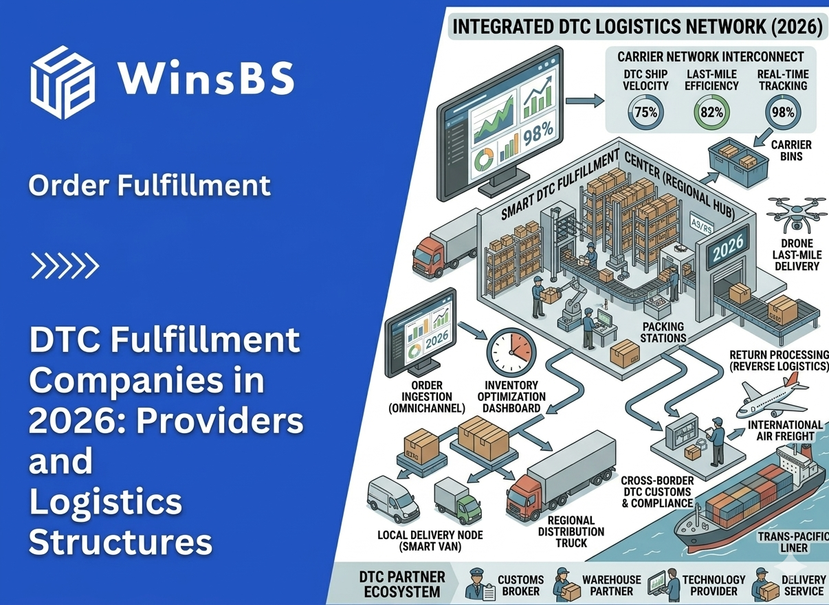 Isometric DTC fulfillment network with smart fulfillment center, robots, conveyor systems, delivery trucks, cargo plane and container ship beside WinsBS logo and title, symbolizing 3PL order fulfillment and global DTC fulfillment operations in 2026.