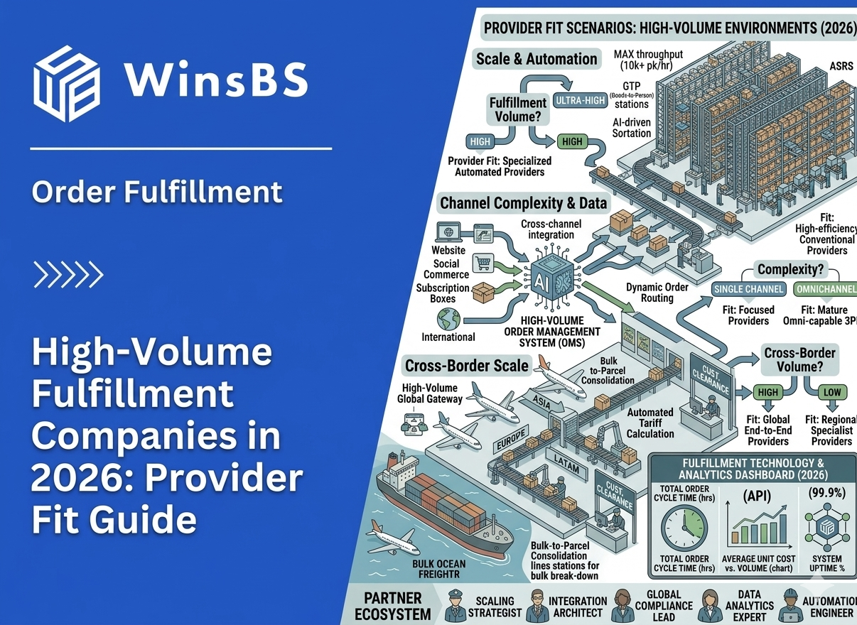 Fulfillment provider fit infographic with WinsBS logo and title, showing automation systems, omnichannel order routing, cross-border logistics, and performance dashboards, representing high-volume 3PL fulfillment and order fulfillment services in 2026.