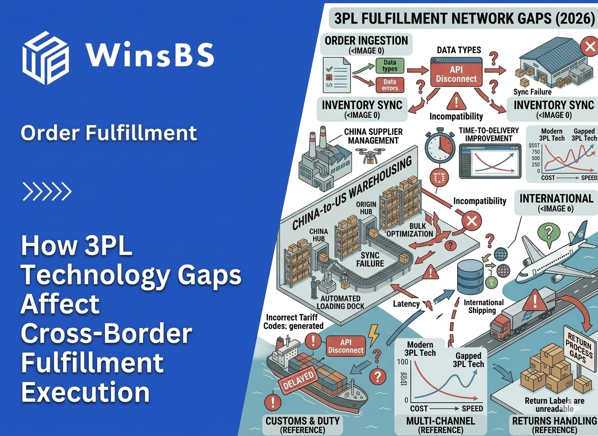 Isometric logistics infographic showing cross-border order fulfillment from China to the U.S. with warehouse sync failures, API disconnects, and data issues beside WinsBS logo and title, highlighting 3PL fulfillment technology gaps and their impact on order fulfillment performance.