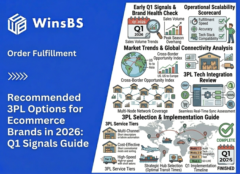 3PL ecommerce fulfillment infographic beside WinsBS logo and title, showing a 2026 Q1 guide with analytics on order fulfillment performance, scalability scores, global logistics connections, and multi-channel 3PL fulfillment solutions.