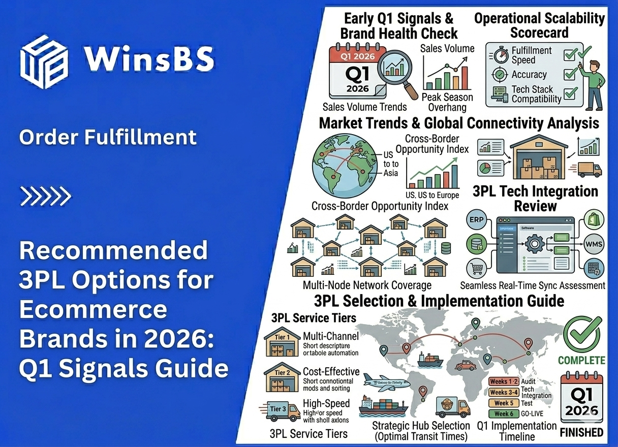 3PL ecommerce fulfillment infographic beside WinsBS logo and title, showing a 2026 Q1 guide with analytics on order fulfillment performance, scalability scores, global logistics connections, and multi-channel 3PL fulfillment solutions.