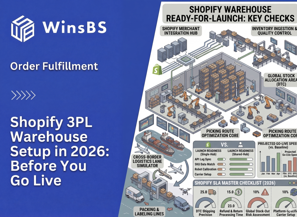 WinsBS infographic “Shopify 3PL Warehouse Setup in 2026.” Isometric pre-launch workflow with Shopify integration, inventory intake, picking optimization, global allocation, automation lines, and readiness checklist with KPIs.