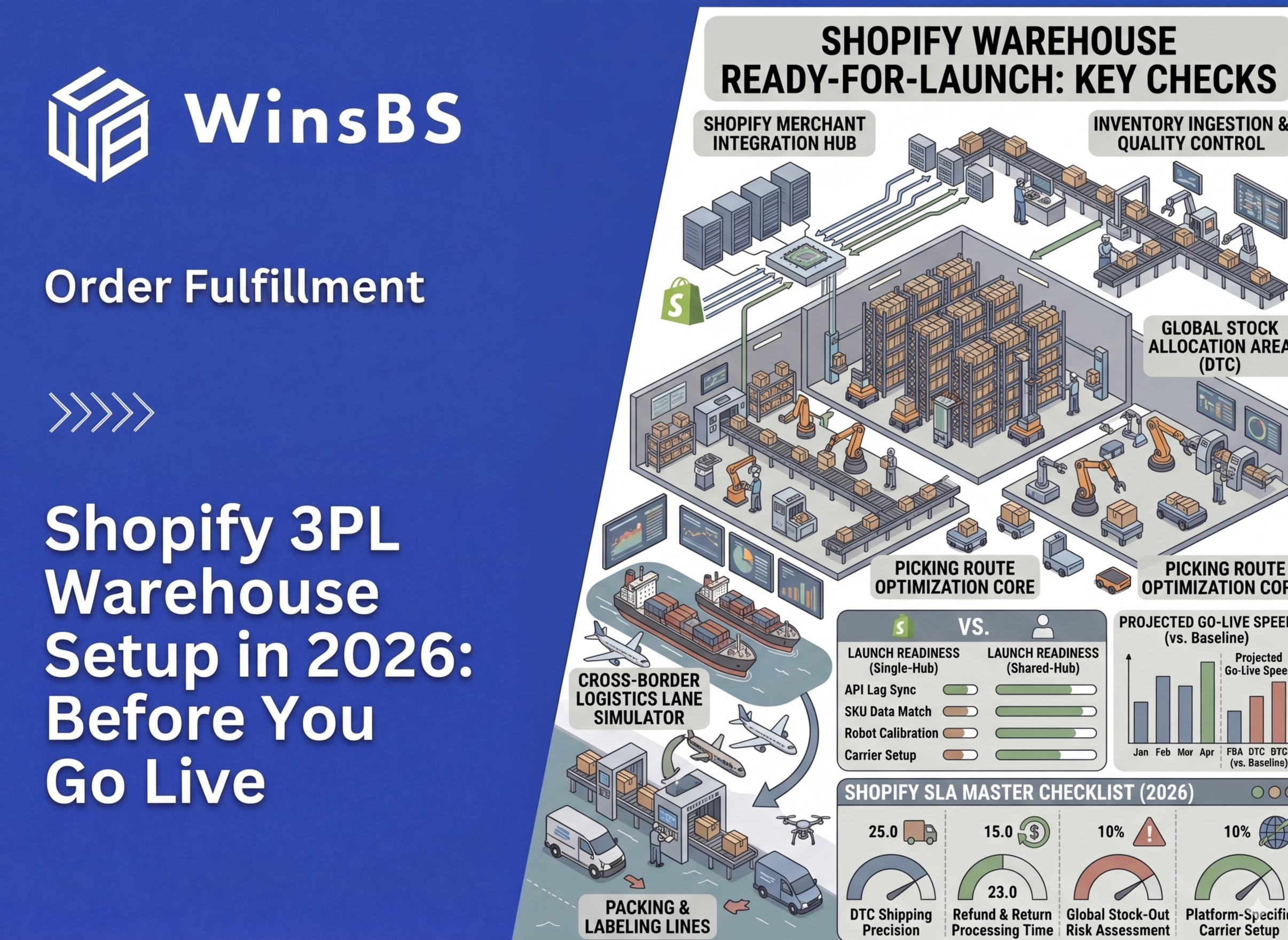 WinsBS infographic “Shopify 3PL Warehouse Setup in 2026.” Isometric pre-launch workflow with Shopify integration, inventory intake, picking optimization, global allocation, automation lines, and readiness checklist with KPIs.