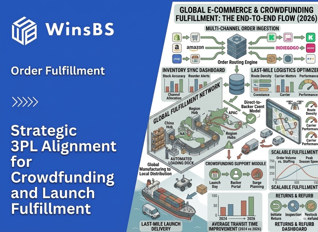 Isometric infographic showing global eCommerce and crowdfunding order fulfillment beside WinsBS logo and title, featuring multi-channel integrations, inventory sync, and 3PL fulfillment network.