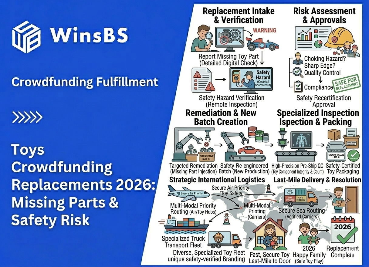 WinsBS crowdfunding logistics poster titled "Toys Crowdfunding Replacements 2026: Missing Parts & Safety Risk", showing a workflow for toy order fulfillment, replacement management, safety risk assessment, QC inspection, and strategic 3PL fulfillment delivery.