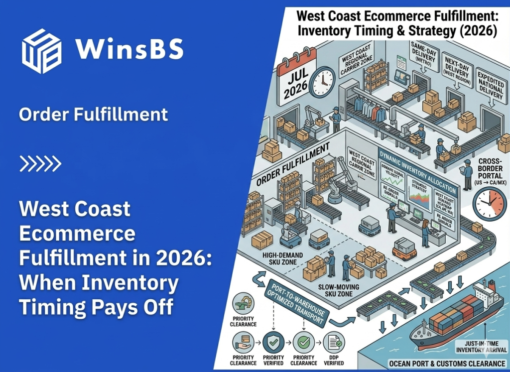 Isometric logistics hub with port containers, automated conveyors, warehouse zones, and delivery trucks beside WinsBS logo and title, symbolizing West Coast eCommerce fulfillment, inventory timing optimization, and fast order fulfillment services.