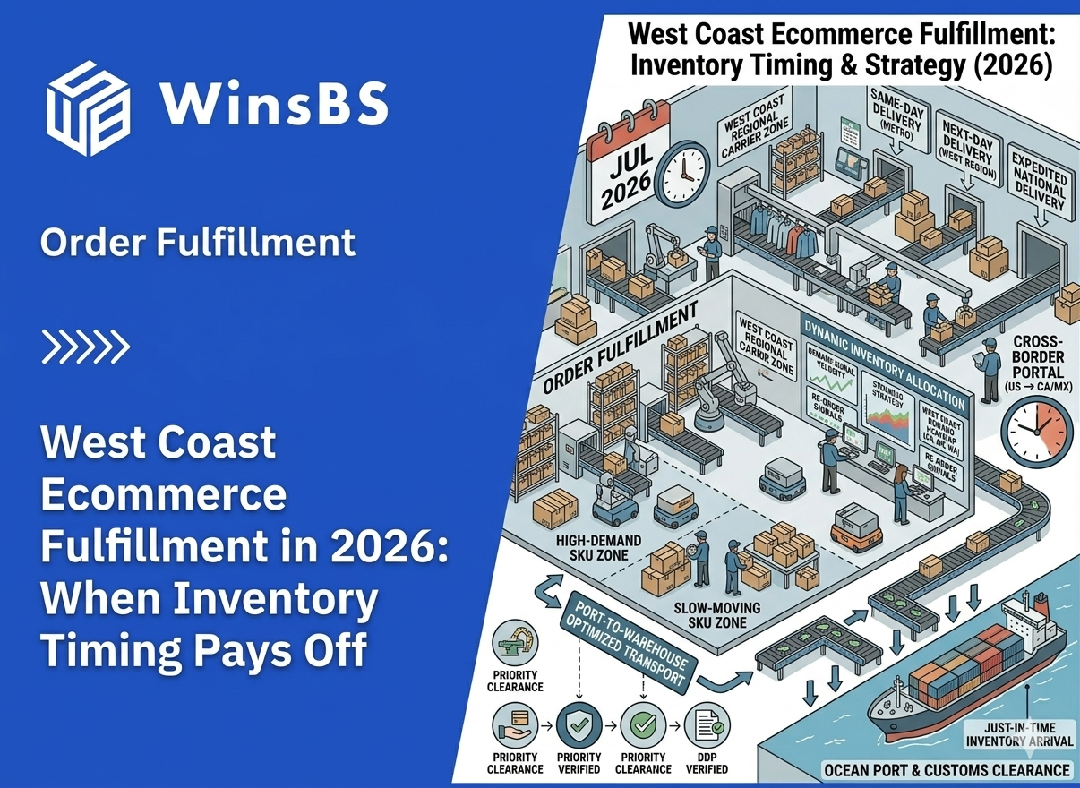Isometric logistics hub with port containers, automated conveyors, warehouse zones, and delivery trucks beside WinsBS logo and title, symbolizing West Coast eCommerce fulfillment, inventory timing optimization, and fast order fulfillment services.