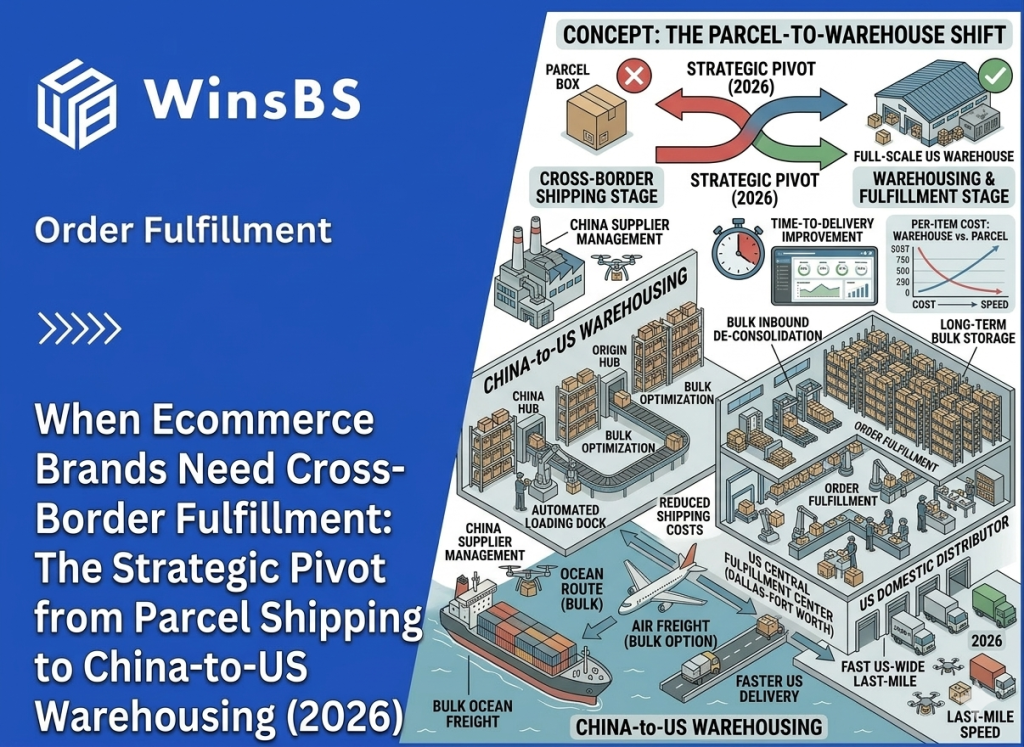 Blue and white infographic beside WinsBS logo and title illustrating cross-border order fulfillment, showing the shift from parcel shipping in China to China-to-US warehousing and faster nationwide eCommerce order fulfillment.