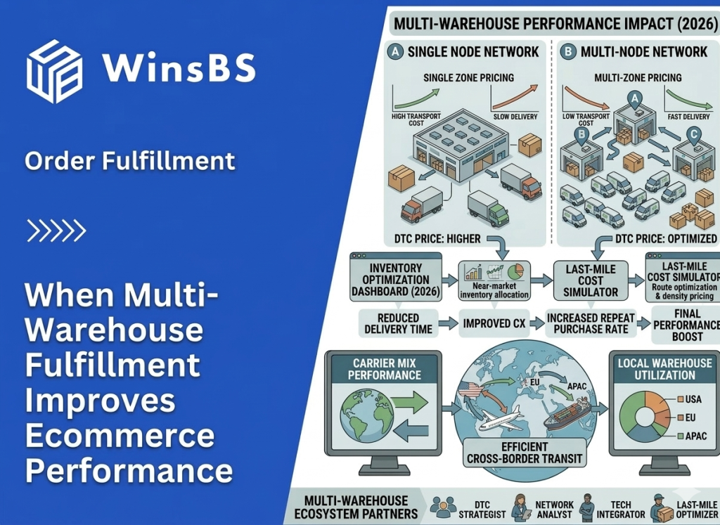 Infographic comparing single-node and multi-node warehouse networks beside WinsBS logo and title, illustrating how multi-warehouse 3PL fulfillment improves eCommerce order fulfillment speed, lowers shipping costs, and enhances customer experience.