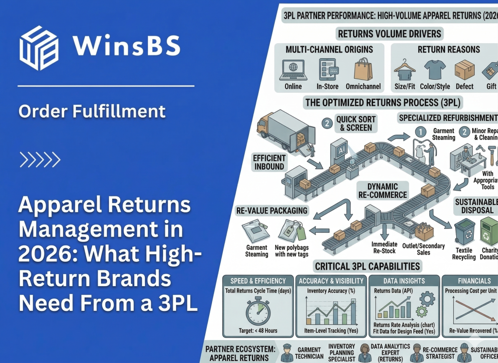 WinsBS infographic “Apparel Returns Management in 2026.” Isometric 3PL returns workflow with AI sorting, refurbishment, resale loop, sustainability options, and KPI dashboard.