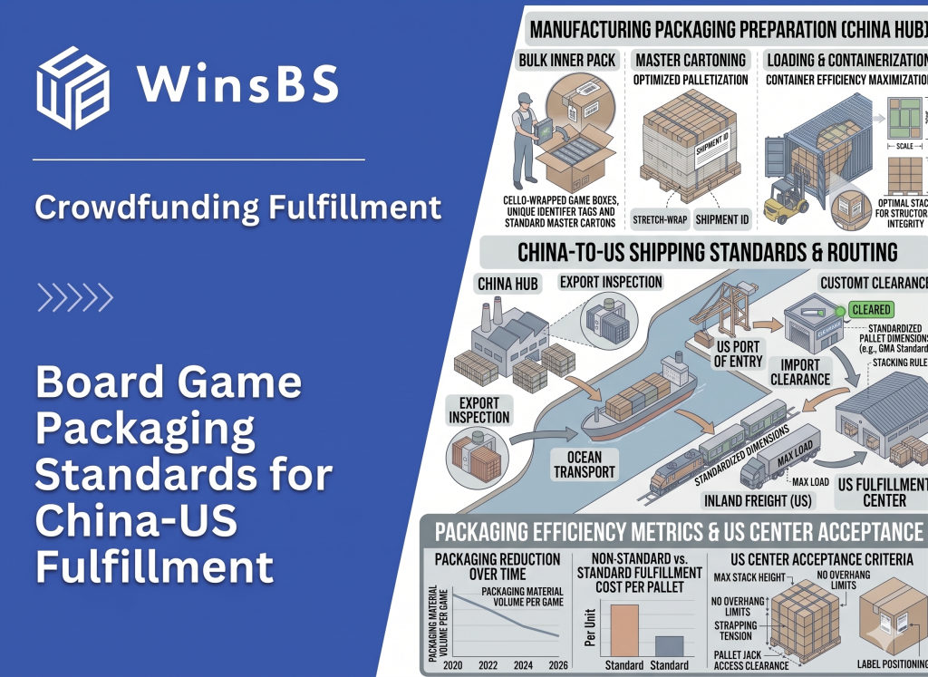 WinsBS infographic “Board Game Packaging Standards for China–US Fulfillment.” Isometric flow of China packing, ocean shipping to U.S. fulfillment, and packaging efficiency metrics.