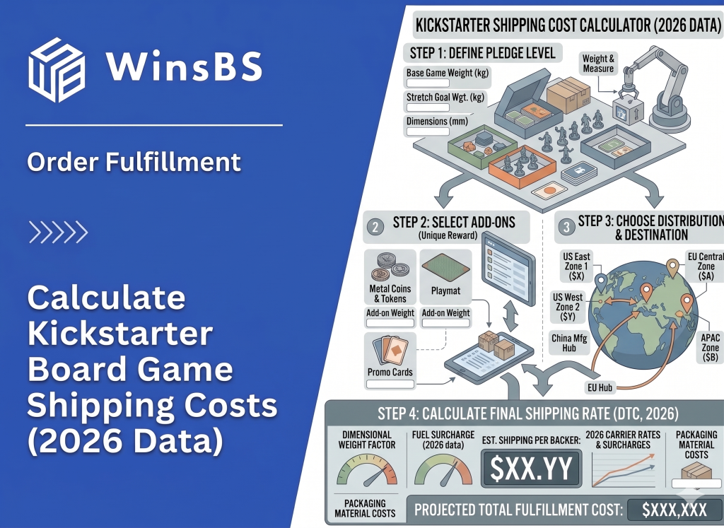 WinsBS infographic “Calculate Kickstarter Board Game Shipping Costs (2026 Data).” Isometric step-by-step model covering pledge tiers, add-ons, global routing, and final cost calculation with shipping KPIs.
