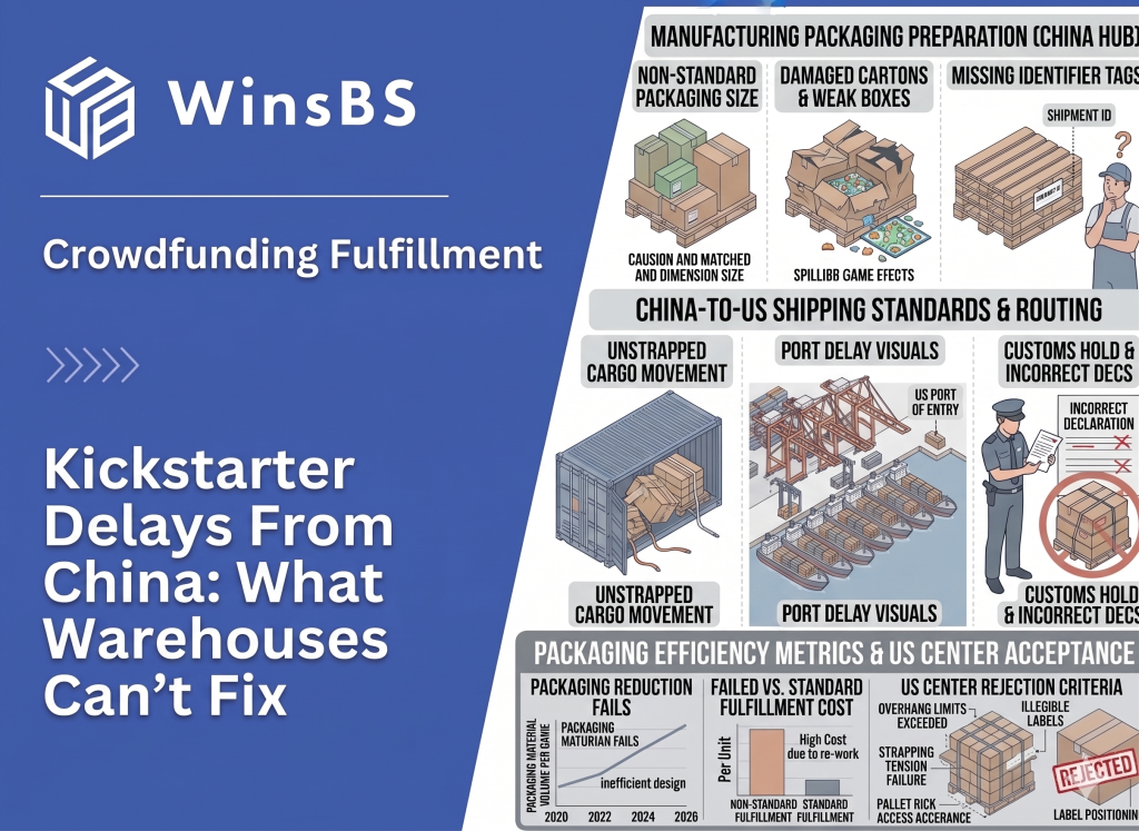 WinsBS infographic on Kickstarter fulfillment delays (China–US). Isometric overview of packaging issues, transit risks, customs delays, and U.S. warehouse rejection factors with efficiency metrics.