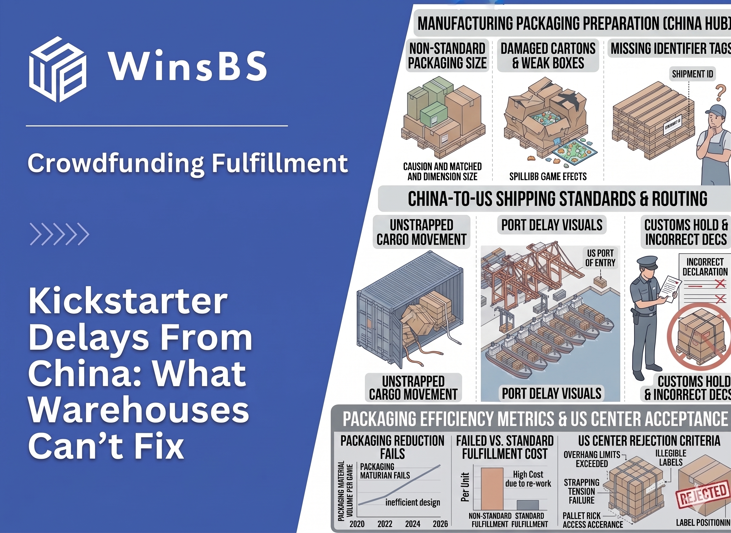 WinsBS infographic on Kickstarter fulfillment delays (China–US). Isometric overview of packaging issues, transit risks, customs delays, and U.S. warehouse rejection factors with efficiency metrics.