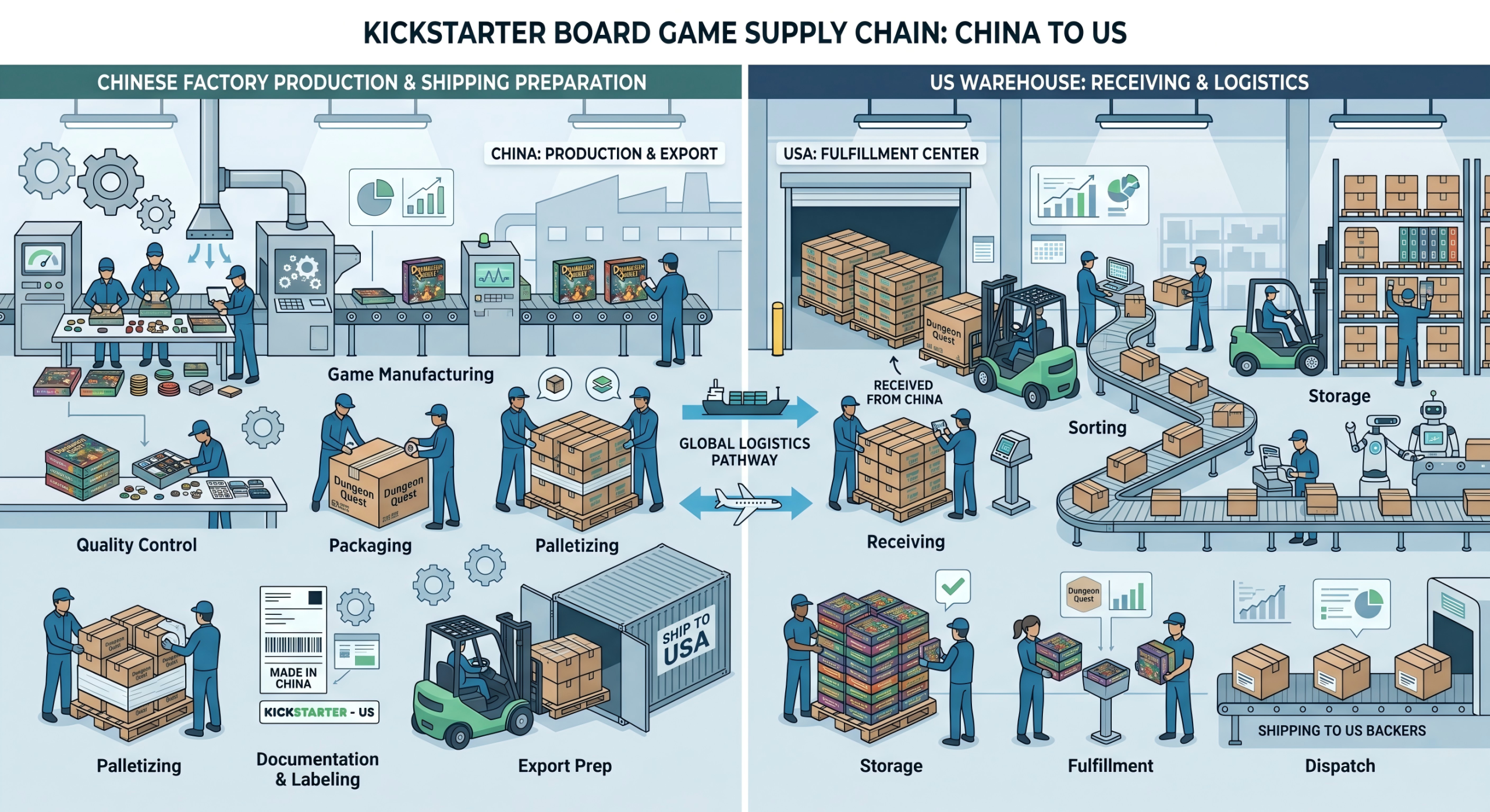 Hero image for Kickstarter fulfillment delays after China shipping, focused on the China-origin to U.S. warehouse handoff for board game campaigns.