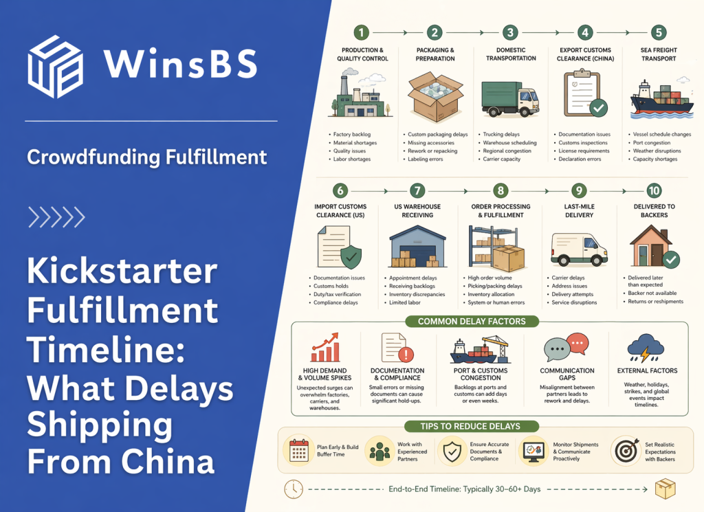Kickstarter fulfillment timeline infographic showing shipping process and delays from China to US backers
