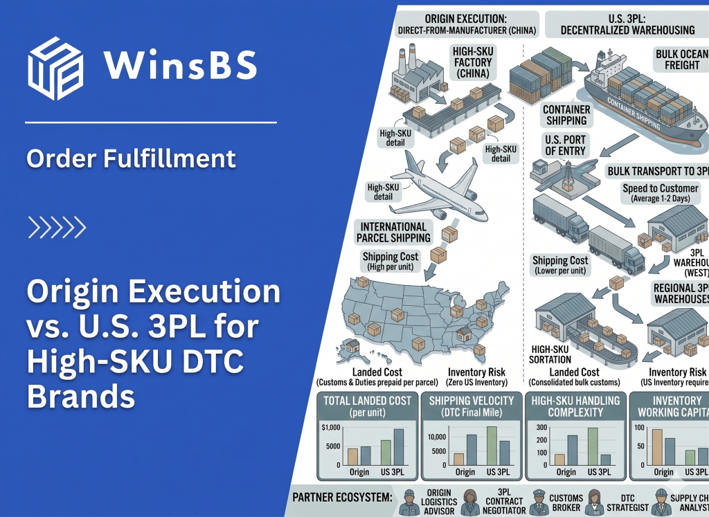 WinsBS infographic “Origin Execution vs. U.S. 3PL for High-SKU DTC Brands.” Isometric comparison of factory-direct shipping vs U.S. 3PL warehousing, with cost, speed, inventory risk, and KPI charts.