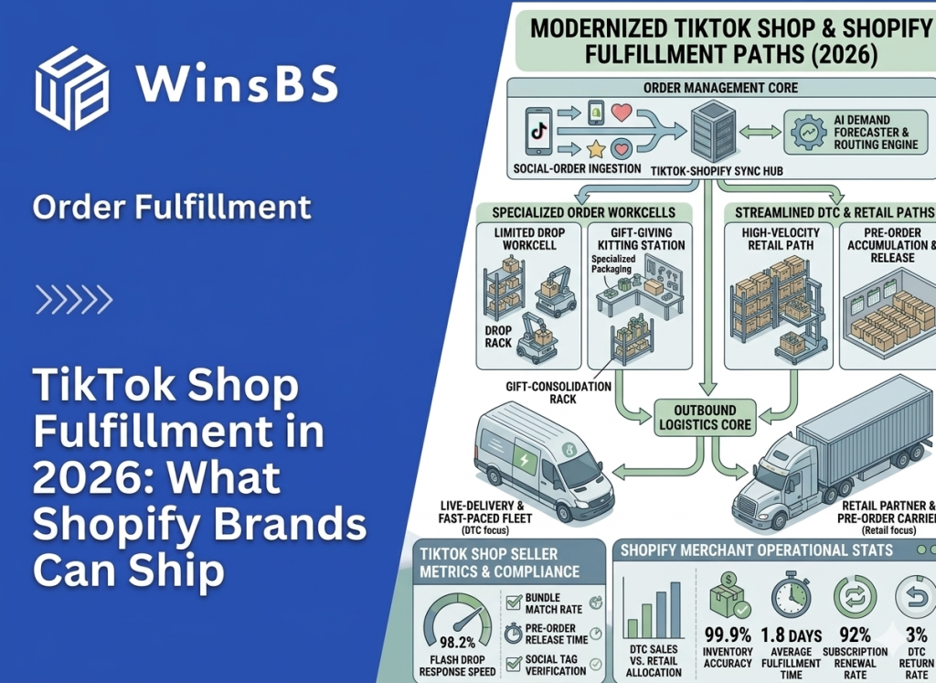 WinsBS infographic “TikTok Shop Fulfillment in 2026.” Isometric flow of TikTok–Shopify sync, AI routing, flash sales and DTC/retail paths, dual logistics, and KPI dashboard.