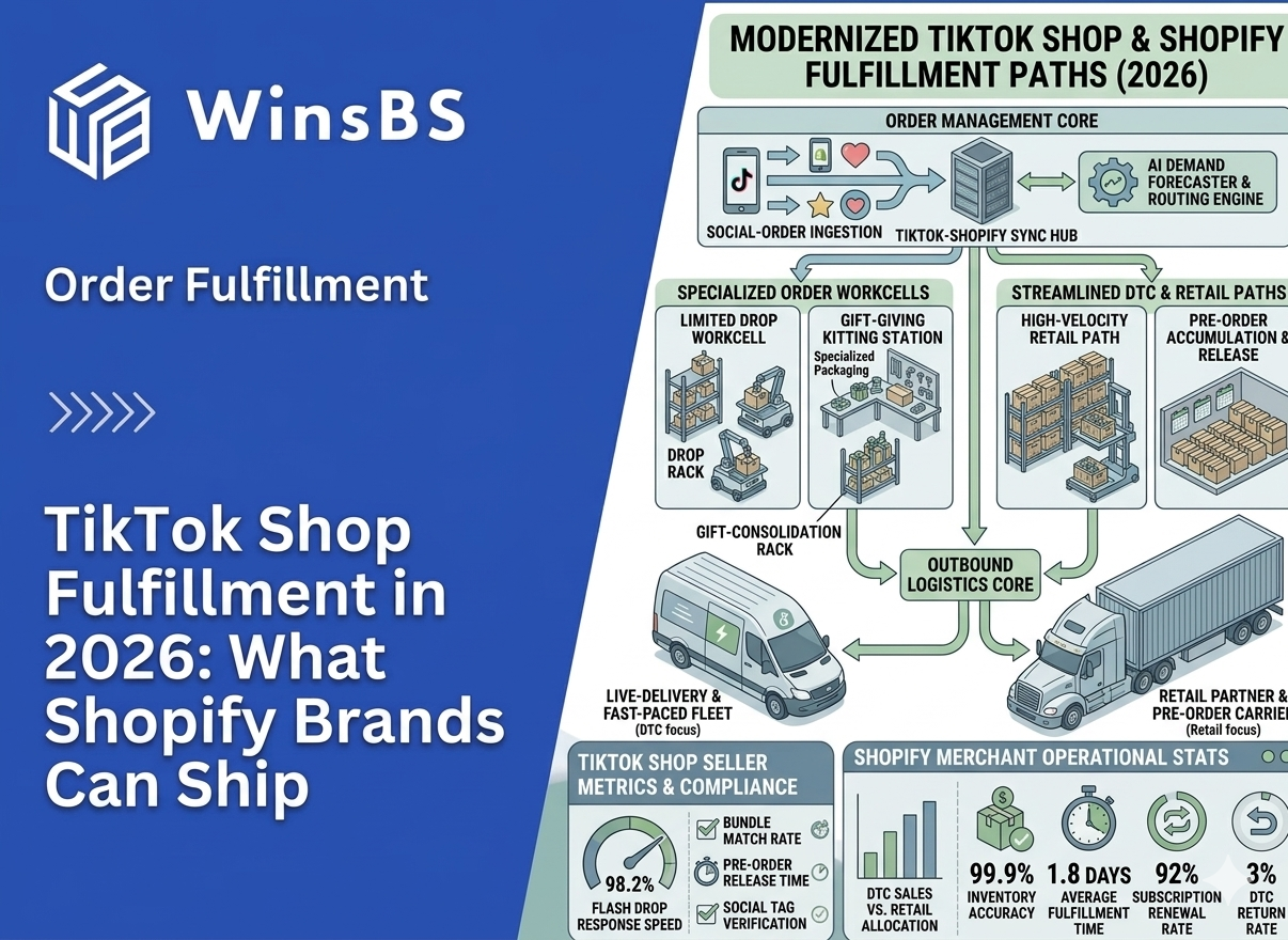 WinsBS infographic “TikTok Shop Fulfillment in 2026.” Isometric flow of TikTok–Shopify sync, AI routing, flash sales and DTC/retail paths, dual logistics, and KPI dashboard.