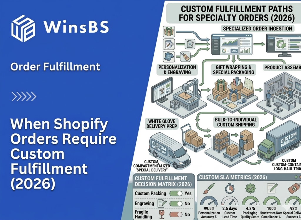 WinsBS infographic “When Shopify Orders Require Custom Fulfillment (2026).” Isometric workflow showing custom order intake, personalization, gift packaging, white-glove prep, dedicated logistics, and SLA metrics.