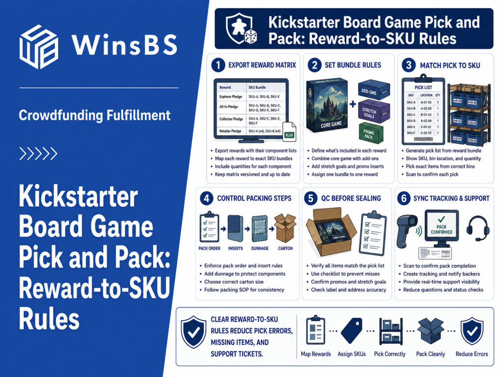 Kickstarter board game pick and pack infographic showing reward-to-SKU rules for crowdfunding fulfillment.