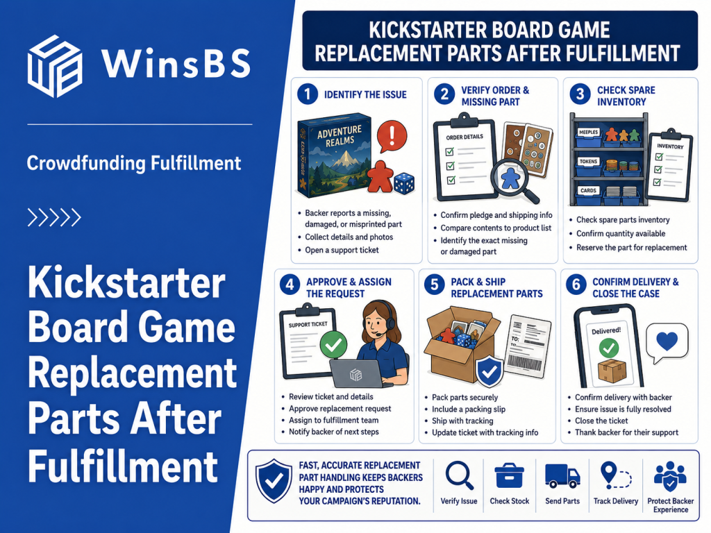 Kickstarter board game replacement parts fulfillment workflow infographic