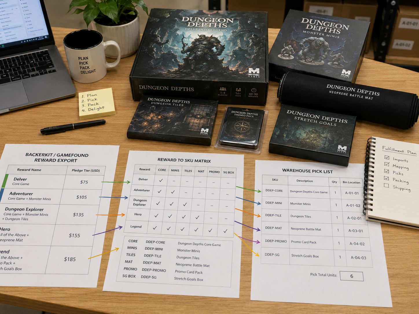 Reward-to-SKU pick rule model for Kickstarter board game fulfillment with a pledge export, SKU matrix, warehouse pick list, and dungeon board game components on a desk.