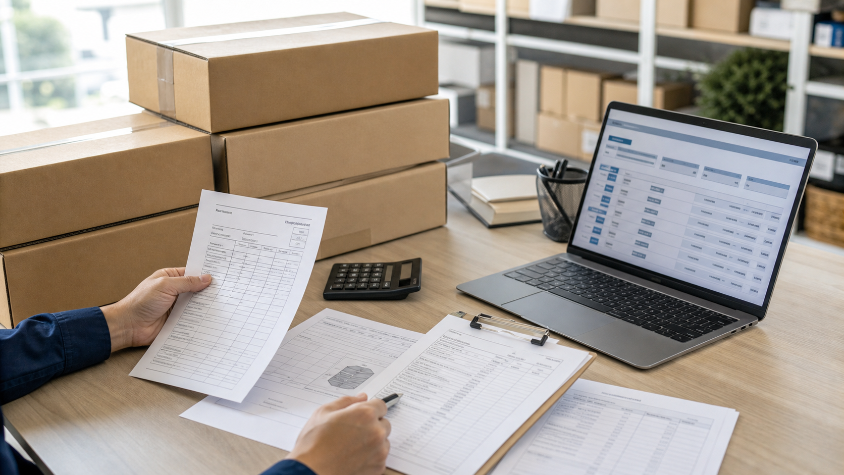 Board game fulfillment cartons, shipment files, and a pledge-manager setup being reviewed before a tariff surcharge goes live.