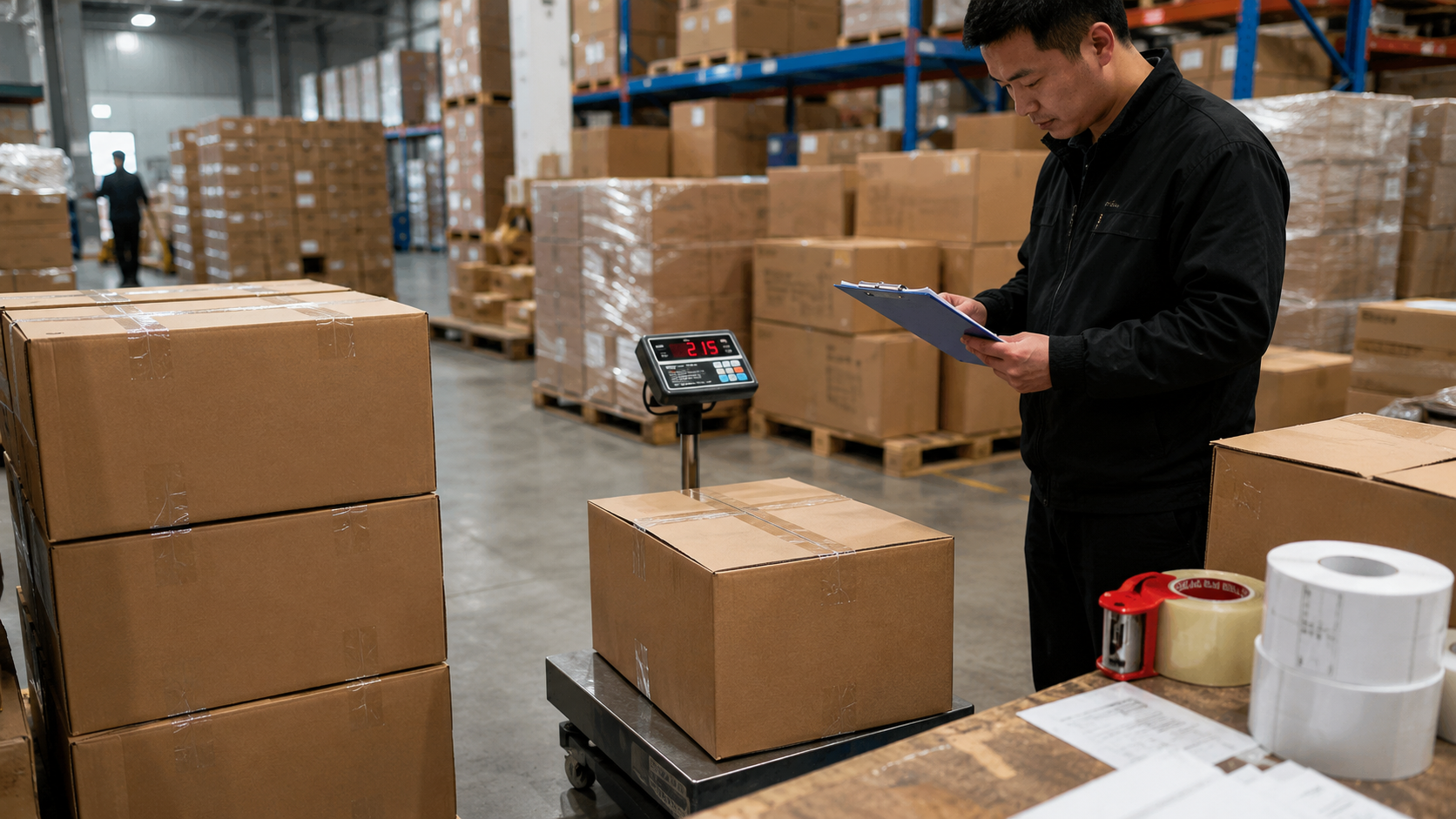 Warehouse staff reviewing sealed cartons on a floor scale with a clipboard in a fulfillment warehouse.